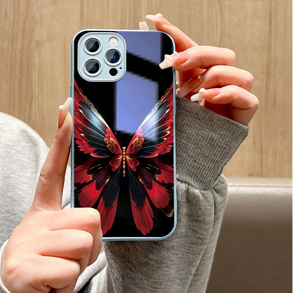 Colored Butterfly Phone Case Metallic Lacquer Tempered Glass Shockproof Cover for Huawei Honor iPhone OPPO Realme OnePlus Xiaomi Redmi Samsung Vivo