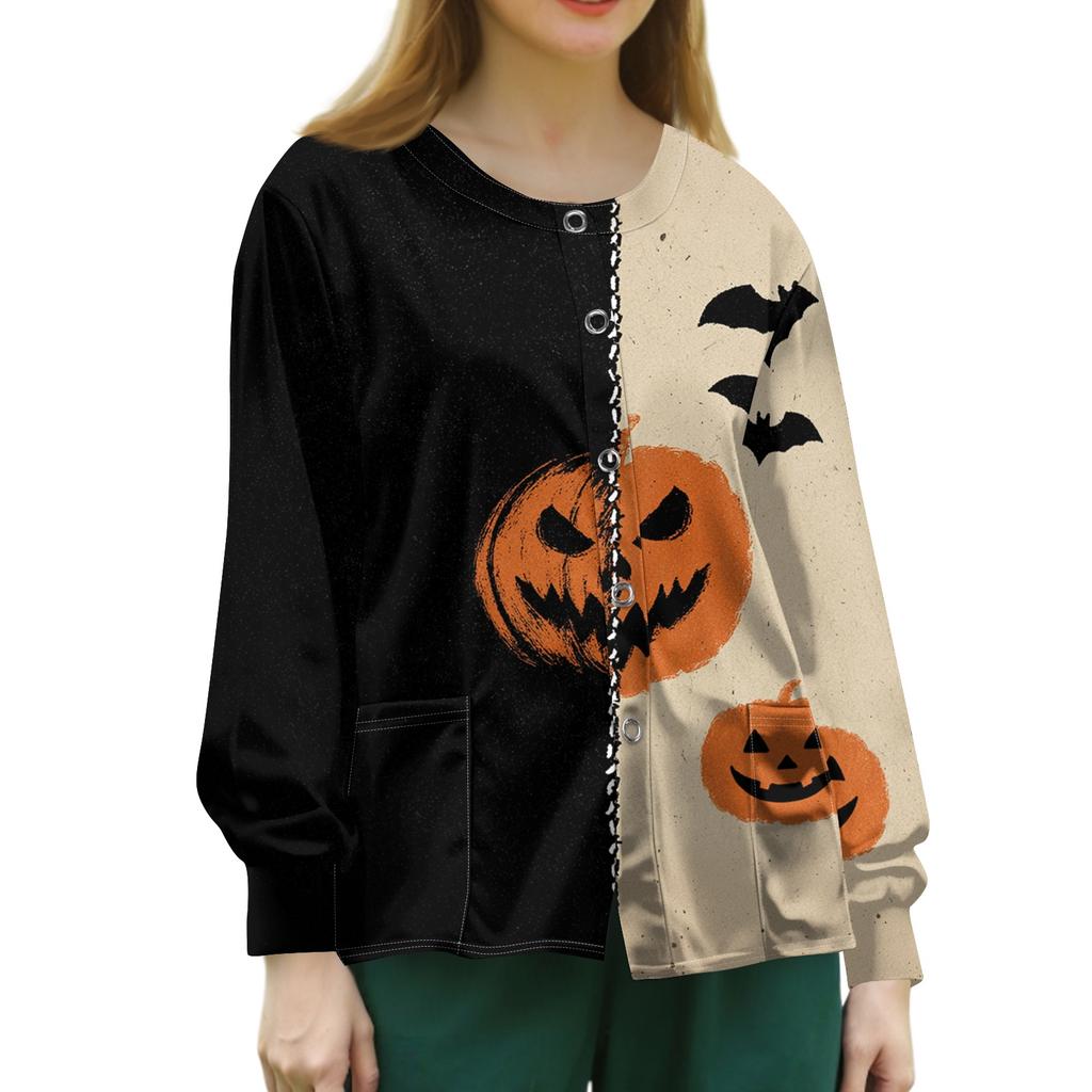 Damen Lässiger Langarm Einreiher Halloween-Print Pflegekraft Cardigan Knopfleiste Vorne Leichte Strickware