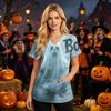 Women V Neck Short Sleeve Work Top with Pockets Halloween Print Nurse Uniform Scrub Shirt Medical Uniforms for Healthcare Professionals