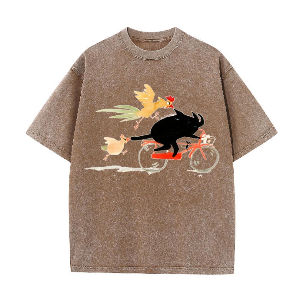 Retro Washed Brown T-shirt Men Funny Animal Graphic Tee Cat Riding Bike Casual Loose Cotton Short Sleeve