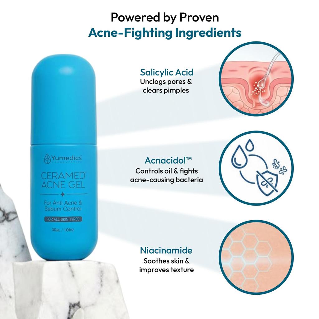 Gel Acné Yumedics - 30 ml Gel Correcteur de Boutons d'Acné Léger Ceramed - Pour Peaux à Tendance Acnéique et Sensibles, Correcteur de Boutons d'Acné Facile à Utiliser