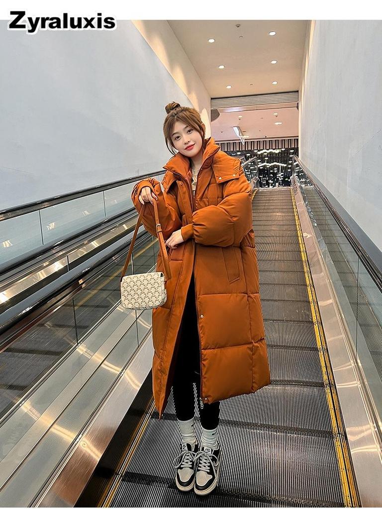 Real shot of the new winter mid-length knee-length down cotton coat for women, Korean-style loose thickened hooded cotton-padded jacket outerwear