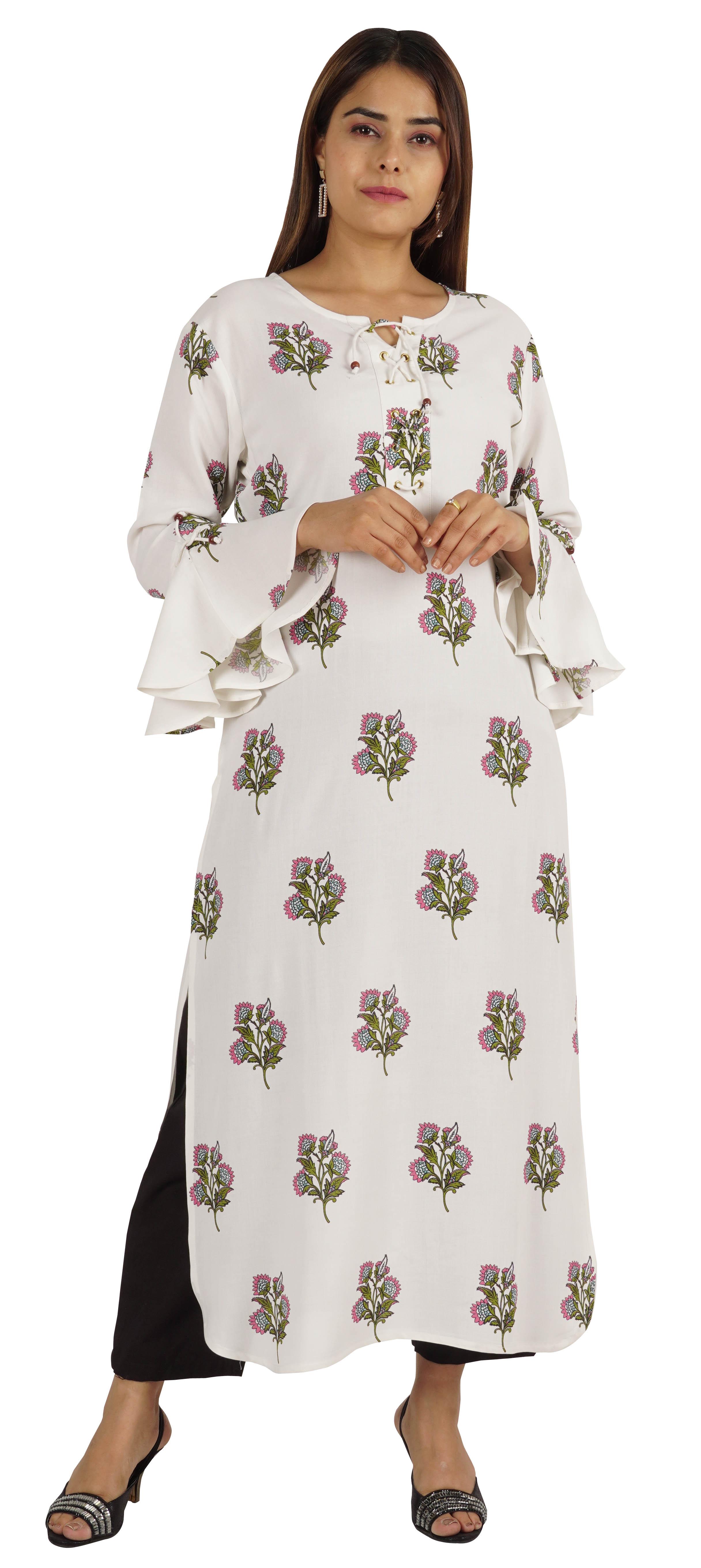 

Індійська довга жіноча туніка з принтом Kurta Kurti Bell з рукавами Moomaya XXL білий