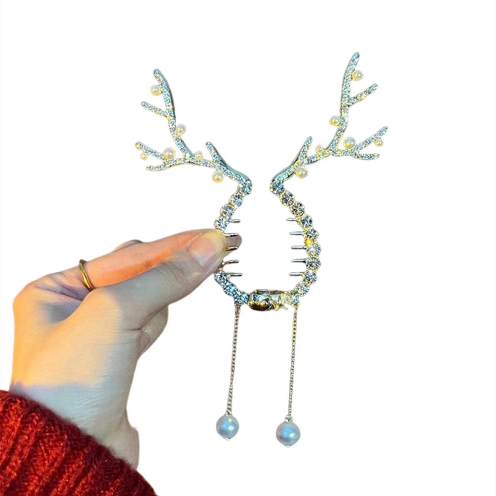Xmas Reindeer Antlers Hair Clip Ponytail Bun Holder With Tassel Cute Pearl Sweet Elegant Reindeer Design Women Hair Styling Tool