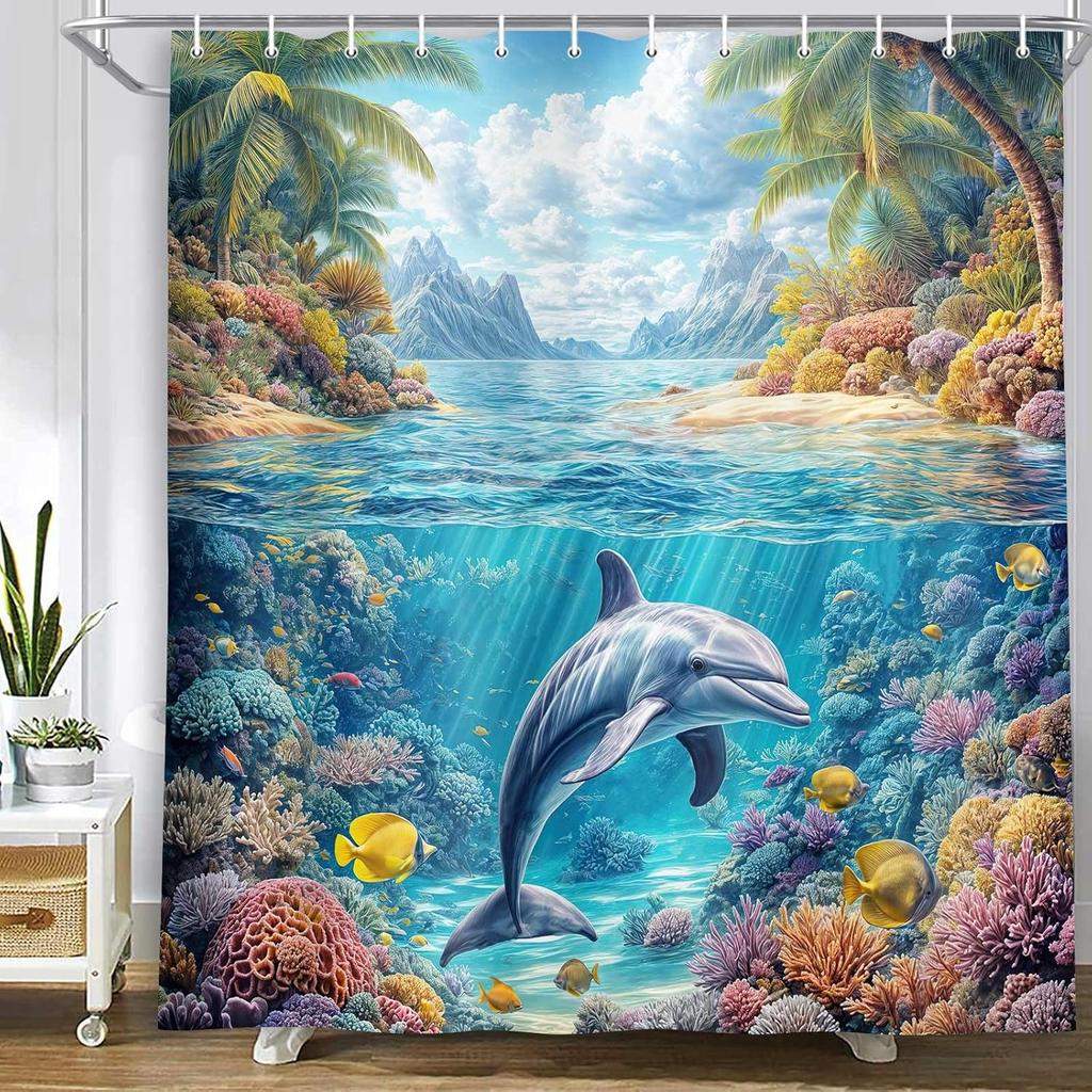 Ocean Fish Shower Curtain, Dolphin Coral Tropical Deep Sea Marine Life Underwater World Decor