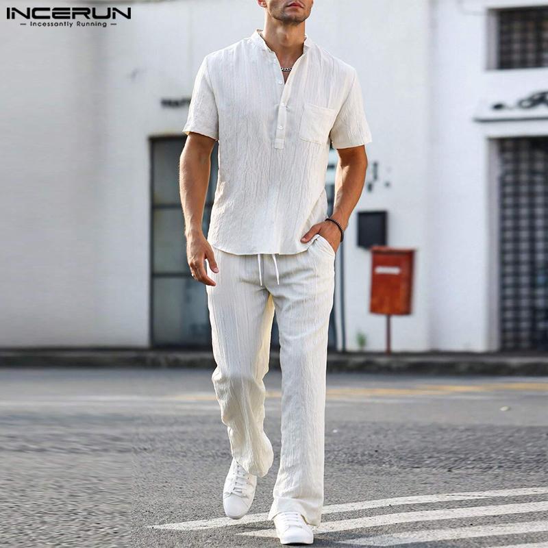 

INCERUN комплект из двух предметов, мужская рубашка на пуговицах с короткими рукавами и длинные брюки