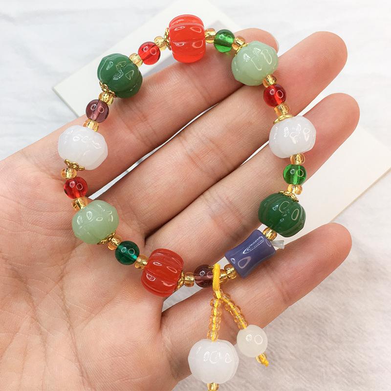 Women's Multi-Color Natural Jade Pumpkin Bead Bracelet