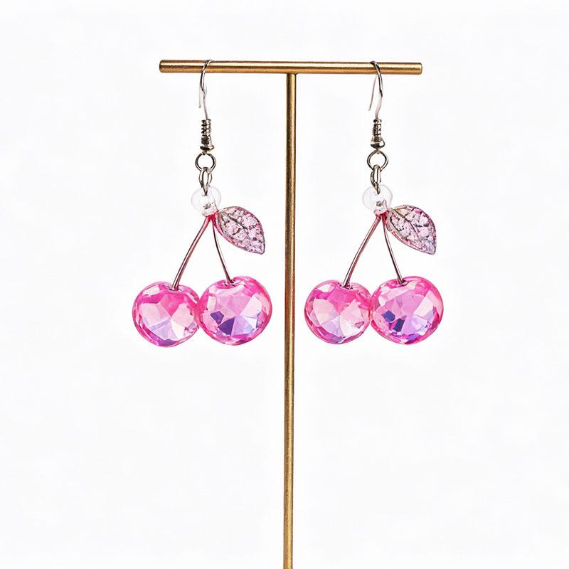 Cross Pink Cherry Acrylic Earrings - Fashionable, Versatile, and Cute Fruit Accessories