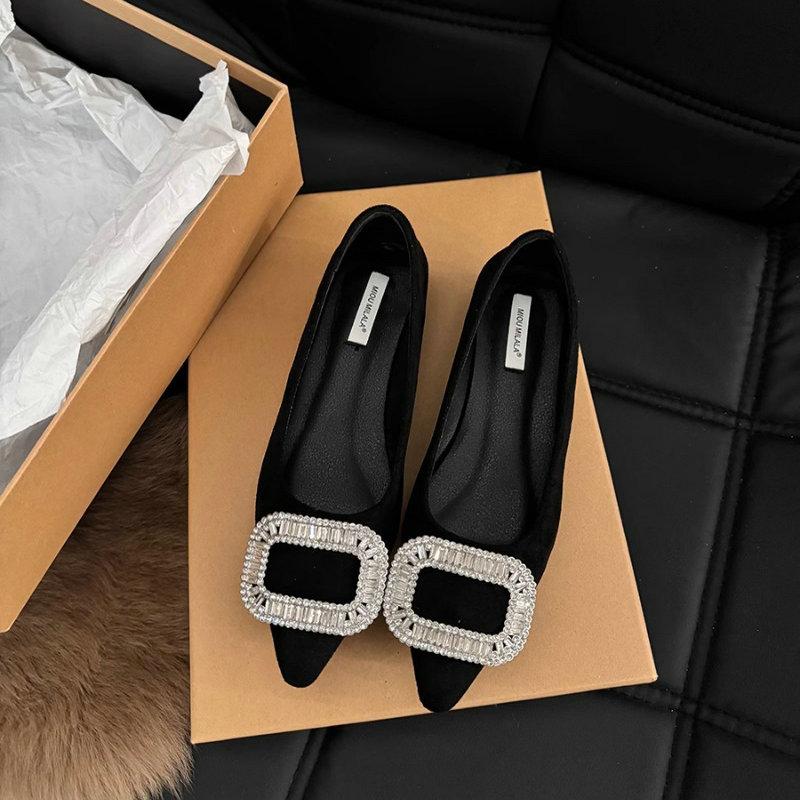 Fashion Pointed Flat Shoes for Women's Spring Summer New Shallow Cut Suede Soft Sole Black Women's Shoes Ladies Large Size 44