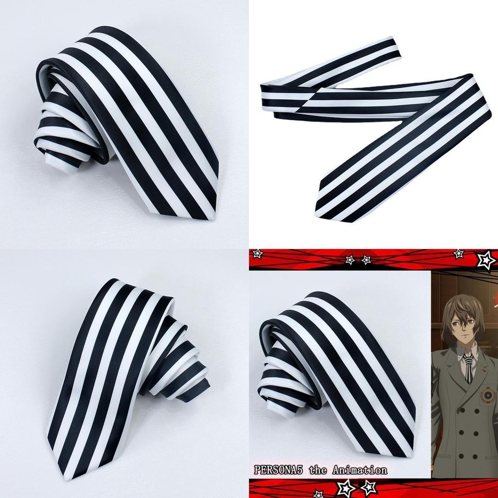 Persona5 Goro Akechi Black And White Striped Tie For Cosplay Events