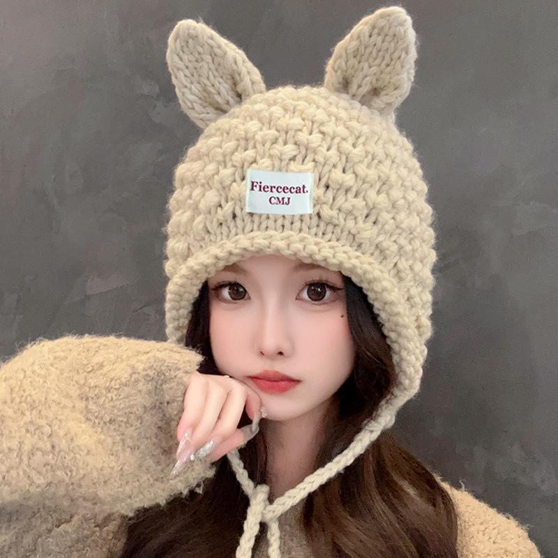 Cute Handmade Rabbit Ears Wool Hat Women's Autumn and Winter Knitted Hat Warm Ear Protector Hat Tide