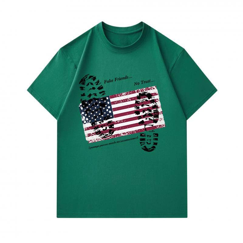 Men's 100% Cotton Crew Neck Short Sleeve T-Shirt, Distressed USA Flag Fake Friends No Trust Print Casual Comfortable Tee for Daily Wear