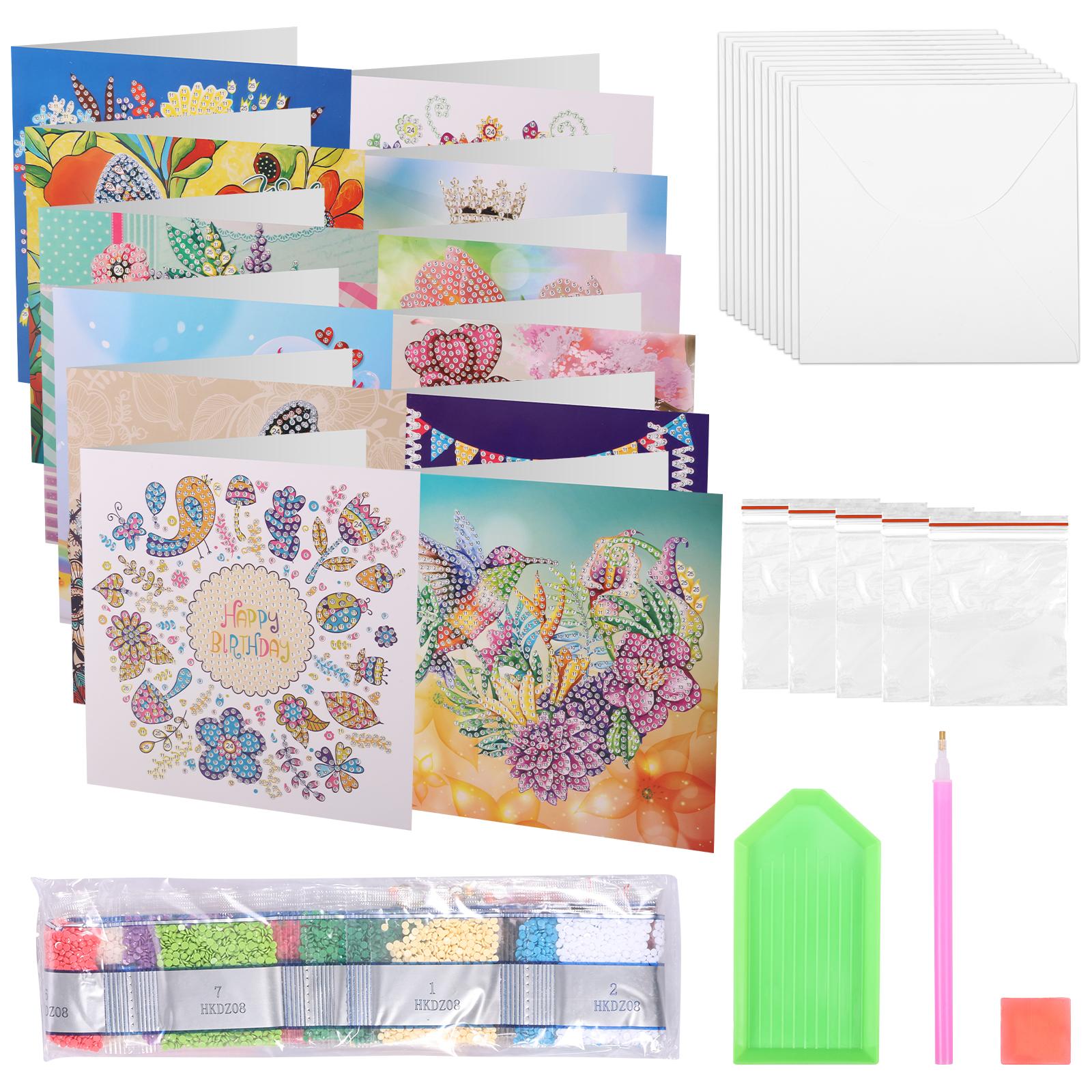 12 Pcs Diamond Art Card DIY Manual Greeting Card Diamond-painted Greeting Cards with Painting Tools and Envelope for Festival
