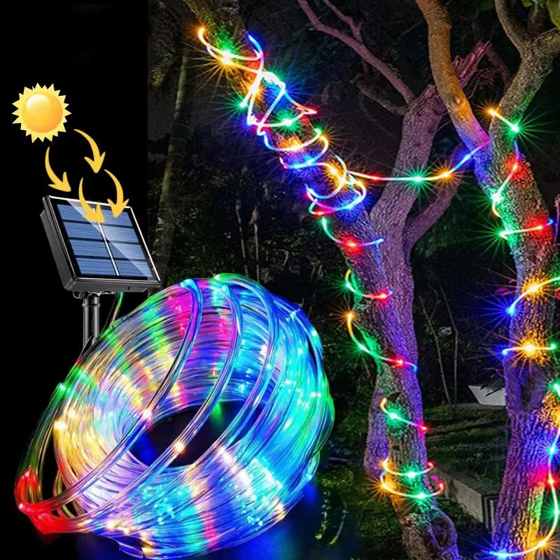 7M/12M Solar Tube Rope Lights Outdoor Waterproof LED String Fairy Strip 8 Modes for Garden Wedding Christmas Tree Fence Decoration