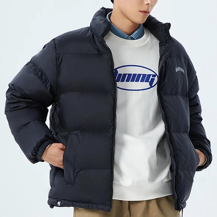Li Ning Badfive Solid Color Zipper Stand Collar Long Sleeve Down Jacket Men outerwear Black AYMS261-1