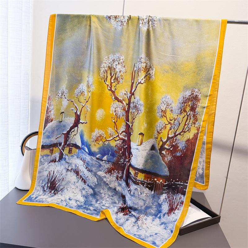 Spring and Summer Thin Printing Simulation Silk Brocade Sunscreen Snow Environment Elegant Rhyme Silk Scarf Long Scarf Shawl Versatile Headscarf Scarf