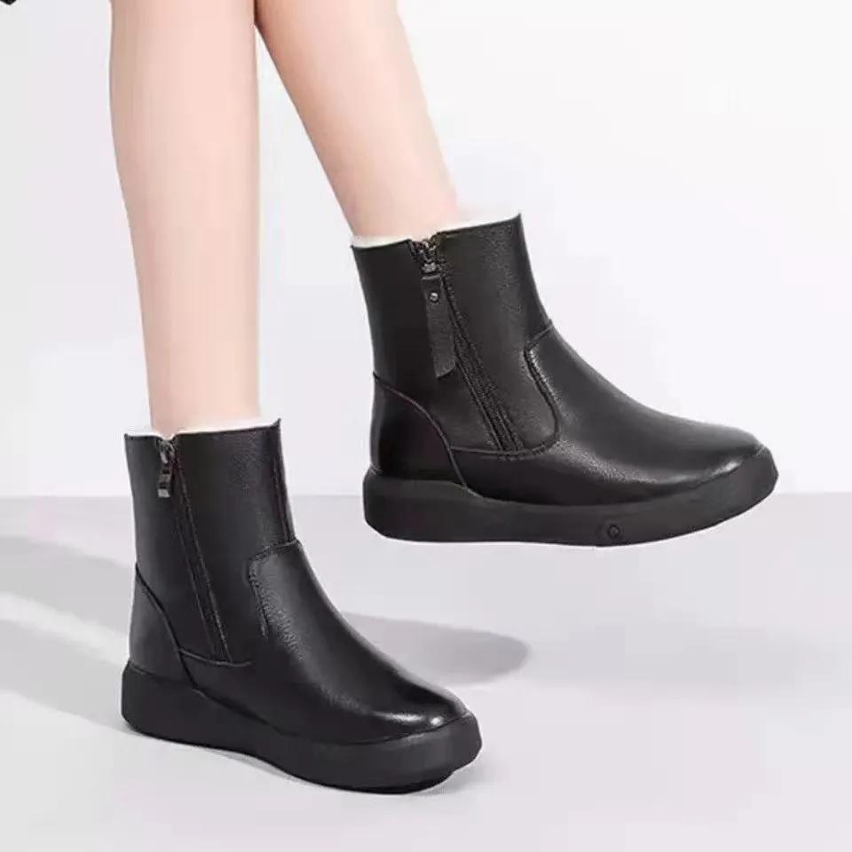 WTEMPO Large Size Casual Outdoor Flat Heel Zipper Snow Boots Women's Winter Thick Warm Cotton Plush Short Boots