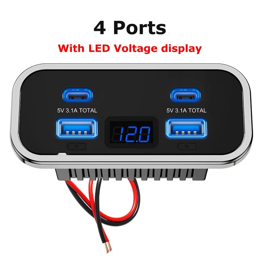 4 Ports 12V RV USB Outlet 76W Dual PD3.0 Type-C Quick Charge & QC3.0 Panel Wall Mount Charger Adapter For Marine Bus ATV Truck