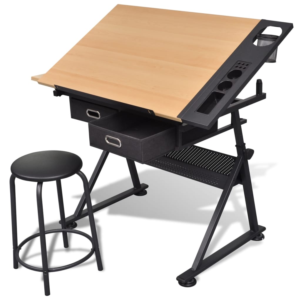 vidaXL Zeichentisch mit neigbarer Tischplatte 2 Schubladen und Hocker braun