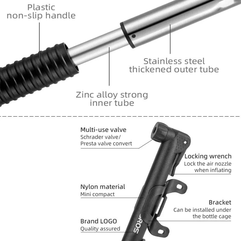 ROCKBROS Bicycle Pump Portable 80-100PSI Easy Operation Mini High Pressure Air Pump Cycling Stainless Steel MTB Bike Accessories