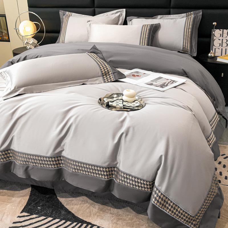 Set da quattro pezzi per letto in cotone a fibra lunga di classe A, lenzuolo con angoli ricamato, lenzuolo con angoli, copripiumino, puro cotone, ad alta densità, ad alto numero di titoli