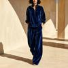 Women's Casual Velvet Two Piece Set Long Sleeve Sweatshirt and Wide Leg Pants
