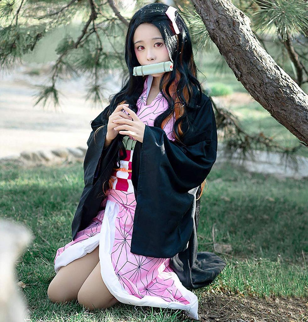 Milky Time Nezuko Cosplay Costume (Includes Wig), Adult, Kamado, Nezuko, Halloween, 8-Piece Set