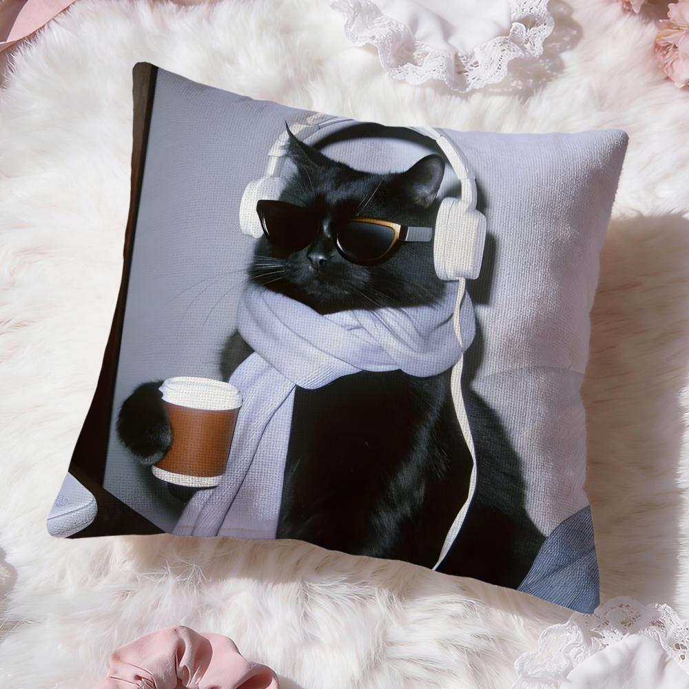 Cute Black Cat Cushion Cover Premium Comfort Reversible Pillow Cove -Two In One Design for Any Room & Car Interior