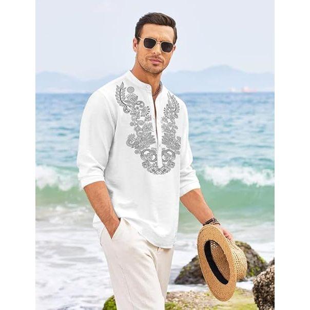 Męska bawełniana krótka kurta z długim rękawem i etnicznym dekoltem | Casualowa kurta o pogniecionej fakturze ze stójką