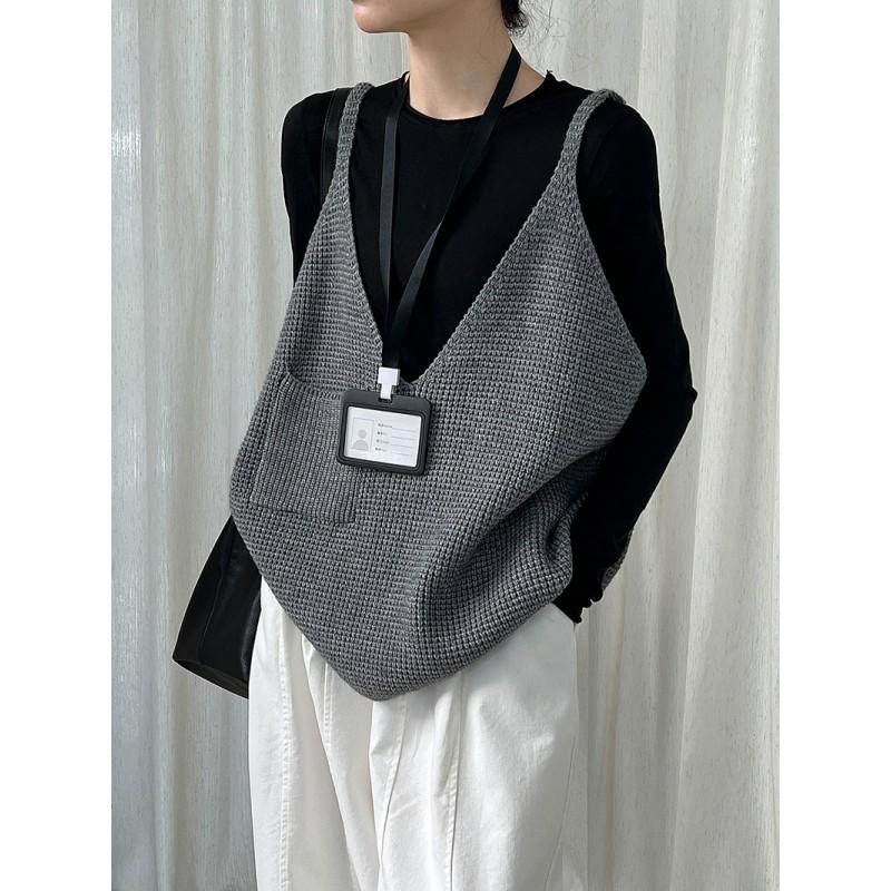 Womens V-Neck Oversized Knit Vest Loose Sleeveless Cardigan Sweater Top Casual Lounge Wear