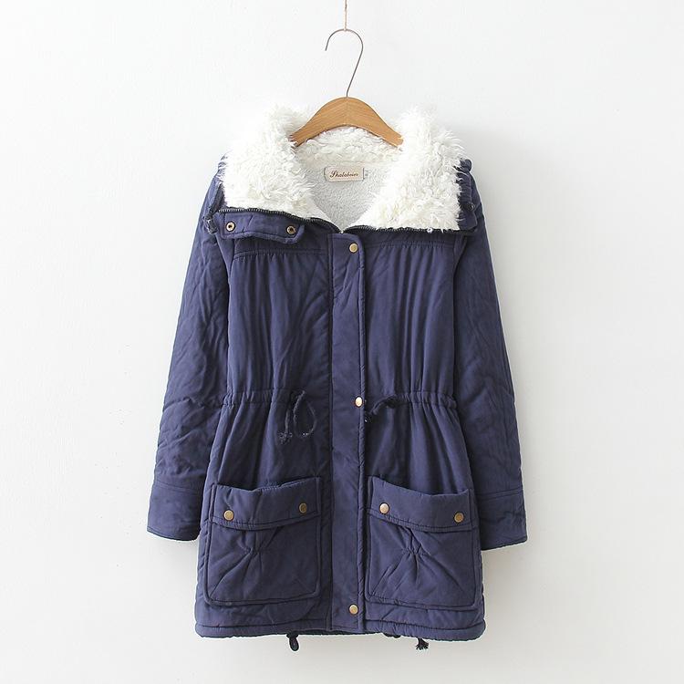 Autumn and Winter Mid-length Tooling Cotton-padded Jacket Women's Drawstring Waist Lamb Velvet Thick Warm Jacket