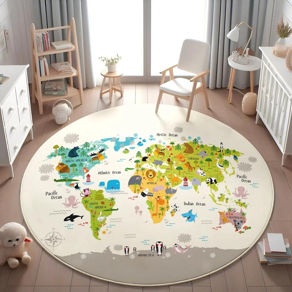Kid Play Mat Creative Cartoon Animal World Map Round Rug Living Room Kid's Play Rug  Kid Room Bedside Rug Nursery Room Floor Mat