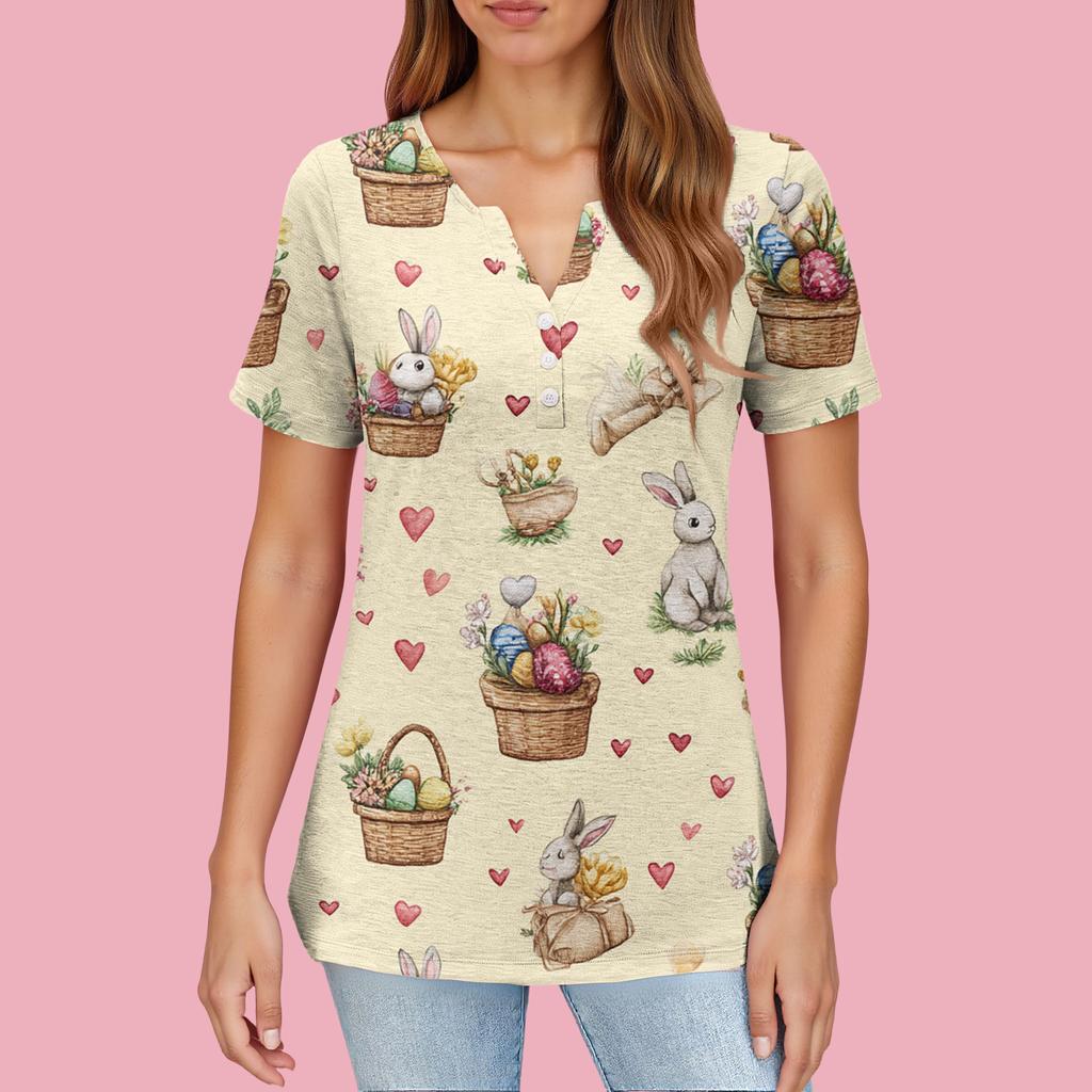 Women's T Shirt Print Button Short Sleeve Daily Weekend Fashion Basic V- Neck Regular Top