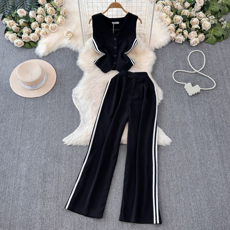 

Suit Vest Suit Women s 2024 New Arrival Summer Single-Breasted Short Vest Tops Straight-leg Loose Pants Two-piece Set Black L