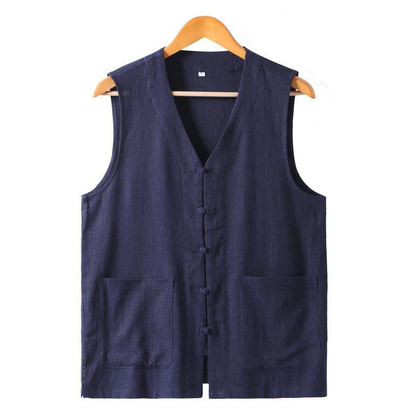 Men's Summer Thin Section of Chinese Style Cotton and Linen Vest Middle-aged and Elderly Straight Hem Multi-pocket Comfortable Tops
