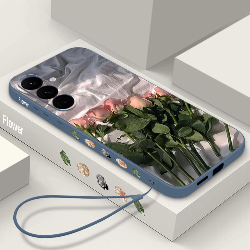 Housse Peinture à l'Huile Fleurs Roses Pour Samsung Galaxy S24 S25 FE S25 S23 S22 Ultra A17 A56 A16 A55 A25 A15 A36 A54 5G Cordon Housse Souple