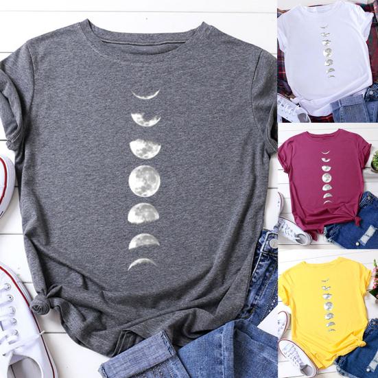 Women Summer Casual O Neck Short Sleeve Moon Print Loose Blouse T-shirt Top