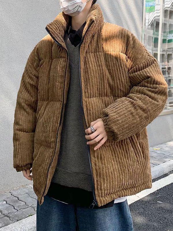 Men's Striped Cotton Winter Coat with Stand Collar and Thick Fleece, Couple's Style.