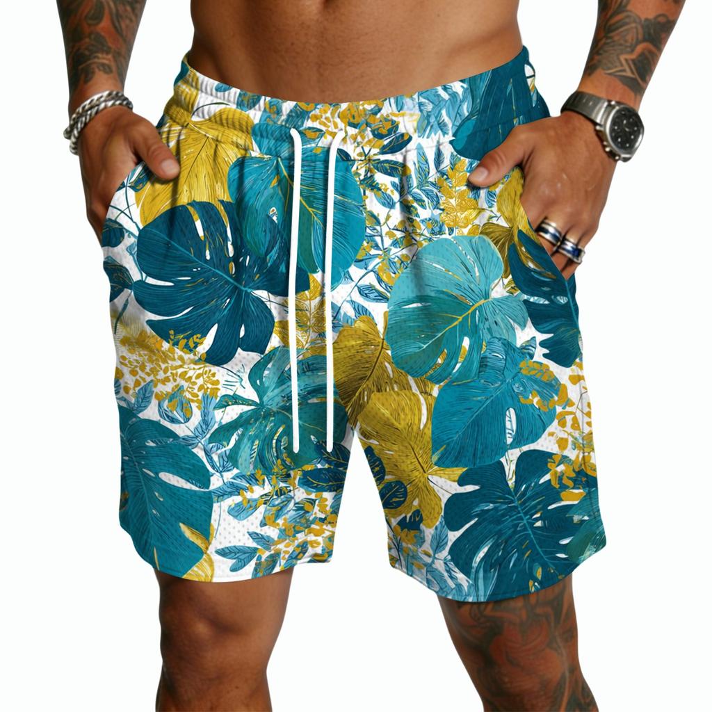 Men's Casual Hawaiian Print Drawstring Shorts Lightweight Quick Dry Beachwear Five Inch Inseam Swim Trunks with Pockets