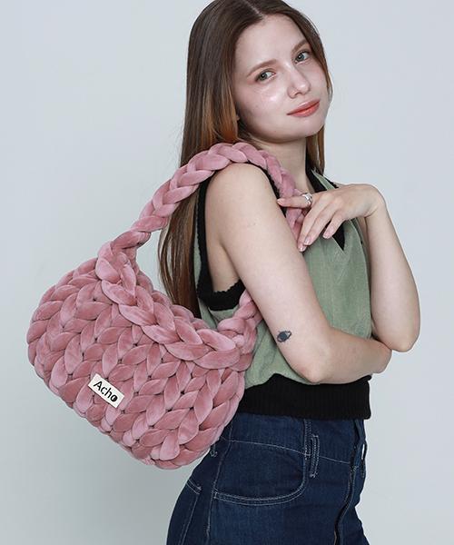 Acho Velvet Knitted Pompon Shoulder Bag_Deep Pink