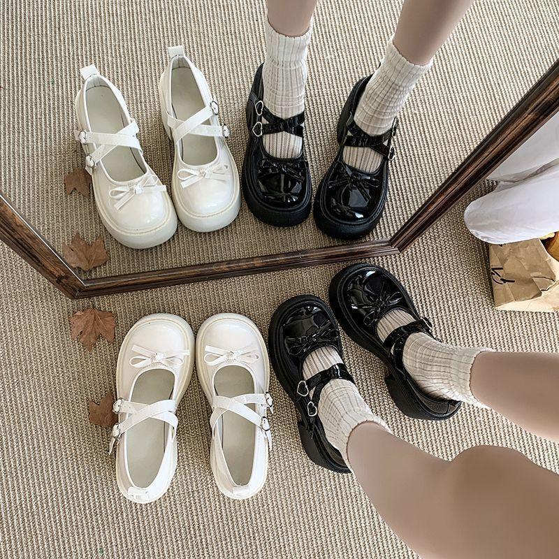 Bow Thick High-heeled Small Leather Shoes Women's 2025 Autumn New Japanese Heightening French Versatile Mary Jane Single Shoes