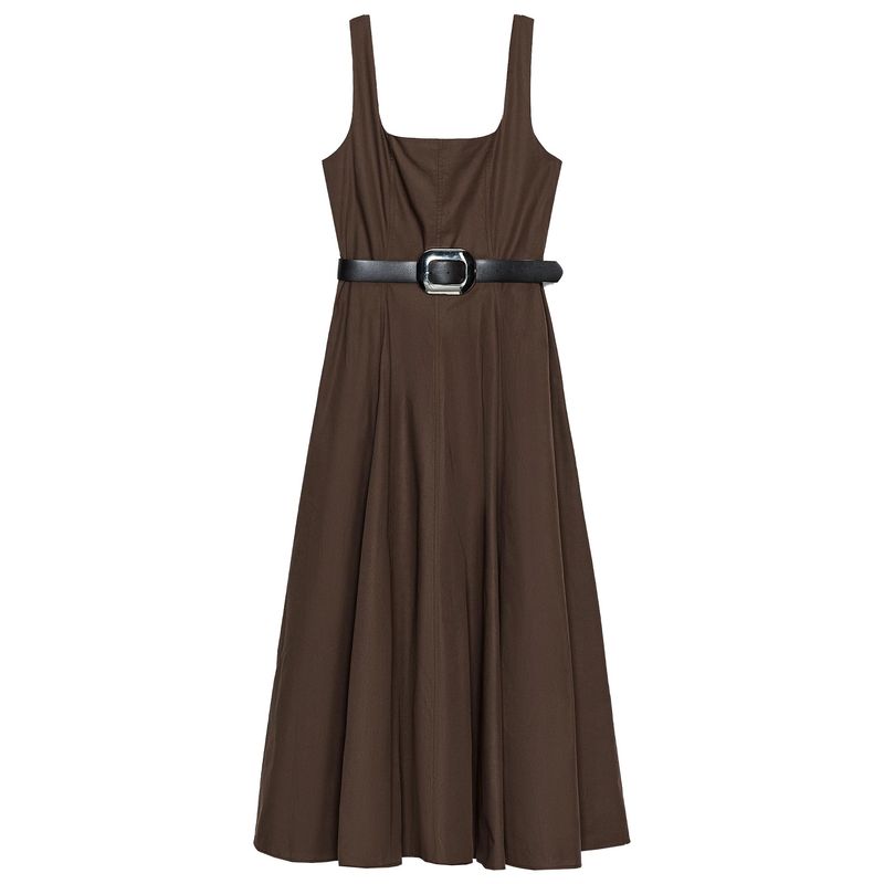 

Zaprha 2025 Summer New With Belt Square Collar Wide Shoulder Strap A Word Hem Midi Dress 5029167 Brown L
