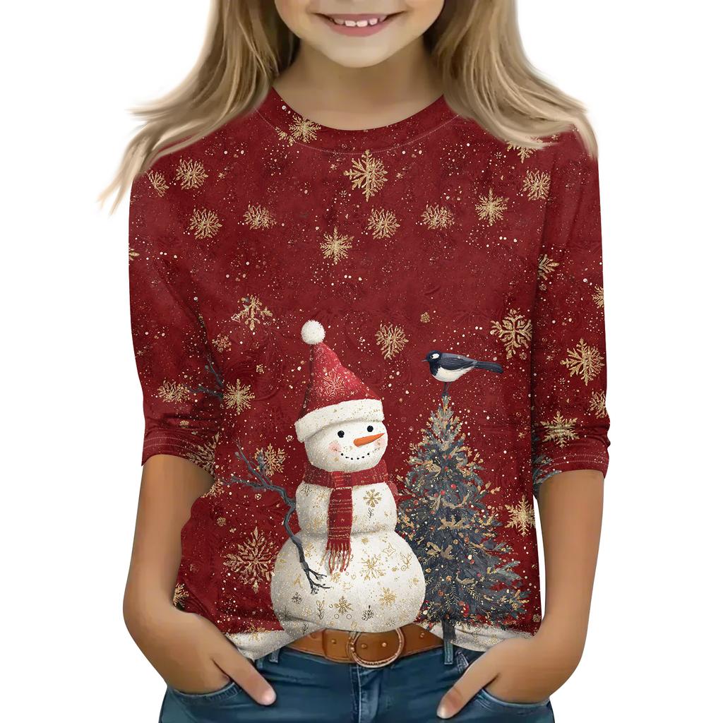 Christmas Day Print Tops For Youth Girls 4-11 Years Round Neck 3/4 Sleeves T-Shirts Trendy Tops Outfit Tees