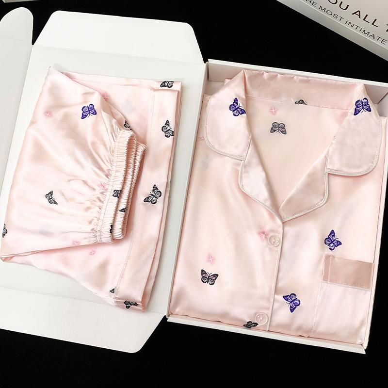Fairy Wind Pink Butterfly Print Cool Ice Silk Pajamas Women'S Summer Short Sleeve Large Size Set