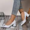 Fashion Rhinestone Square Button Block Heel Single Shoes Women's Autumn New Pointed Toe Shallow Mouth Slip-On High Heels
