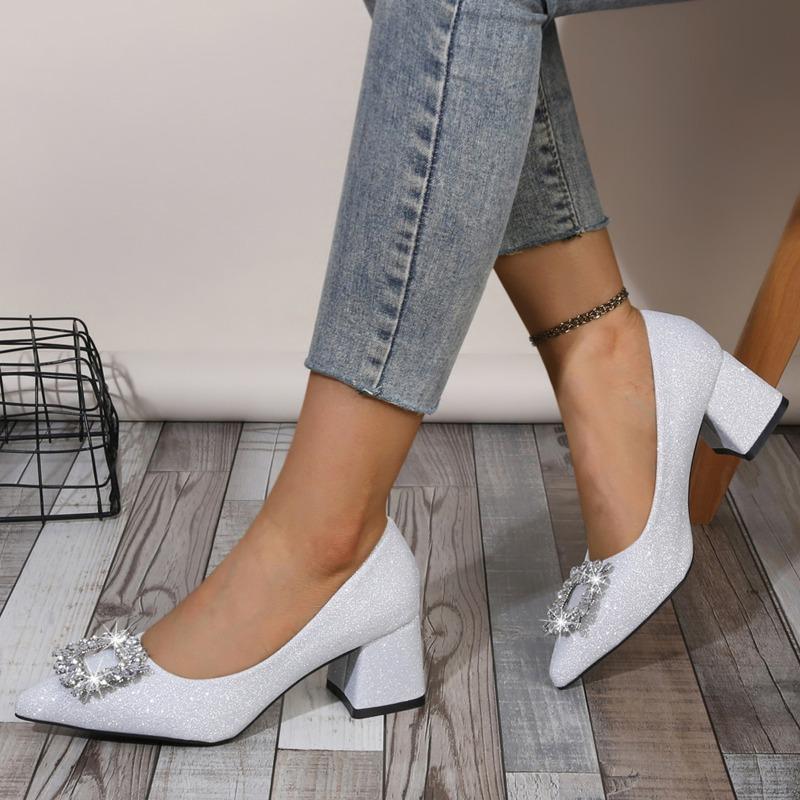 Fashion Rhinestone Square Button Block Heel Single Shoes Women's Autumn New Pointed Toe Shallow Mouth Slip-On High Heels