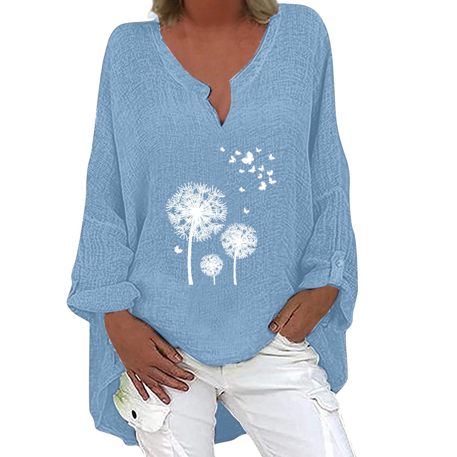 

Trendy Autumn/Winter 2023 V-Neck Print Long Sleeve Cotton Linen Shirt for Women XL