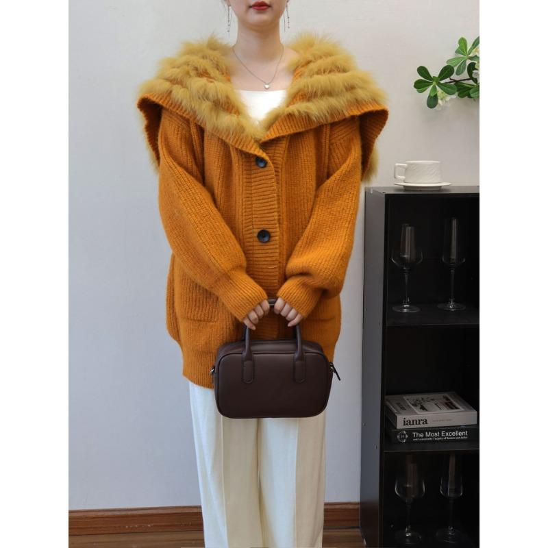 

Осень и зима новый средней длины с большим лацканом, вязаный кардиган из шерсти, свободный свитер-куртка женский one size fits all оранжевый