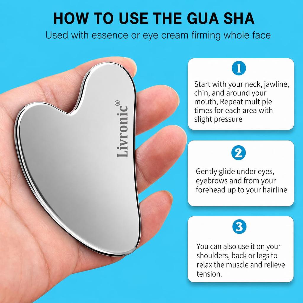 Livronic® Premium SS Gua Sha Tool For Face | 100% 304 Stainless Steel Gua Sha | Facial Tools Metal Gua Sha | Tighten Skin Care Tools | Beauty Too
