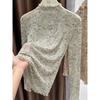 Women's Ruffled Mock Neck Long Sleeve Blouse Soft Stretch Velvet Casual Slim Fit Top
